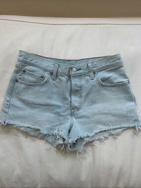 Light Blue High-Rise Distressed Denim Shorts